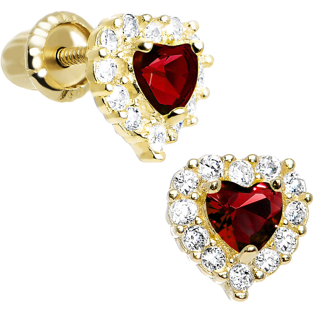 14k Yellow Gold Heart CZ January Birthstone Youth Screwback Earrings
