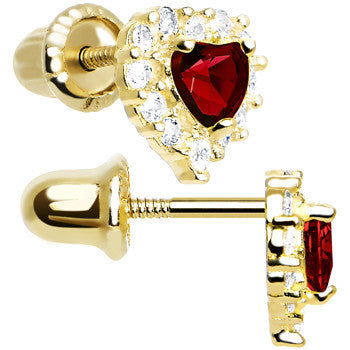 14k Yellow Gold Heart CZ January Birthstone Youth Screwback Earrings