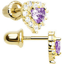 14k Yellow Gold Heart CZ February Birthstone Youth Screwback Earrings