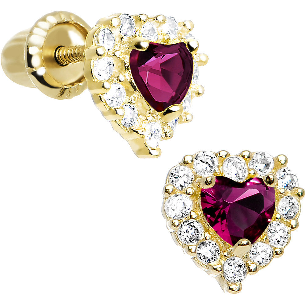 14k Yellow Gold Heart CZ July Birthstone Youth Screwback Earrings