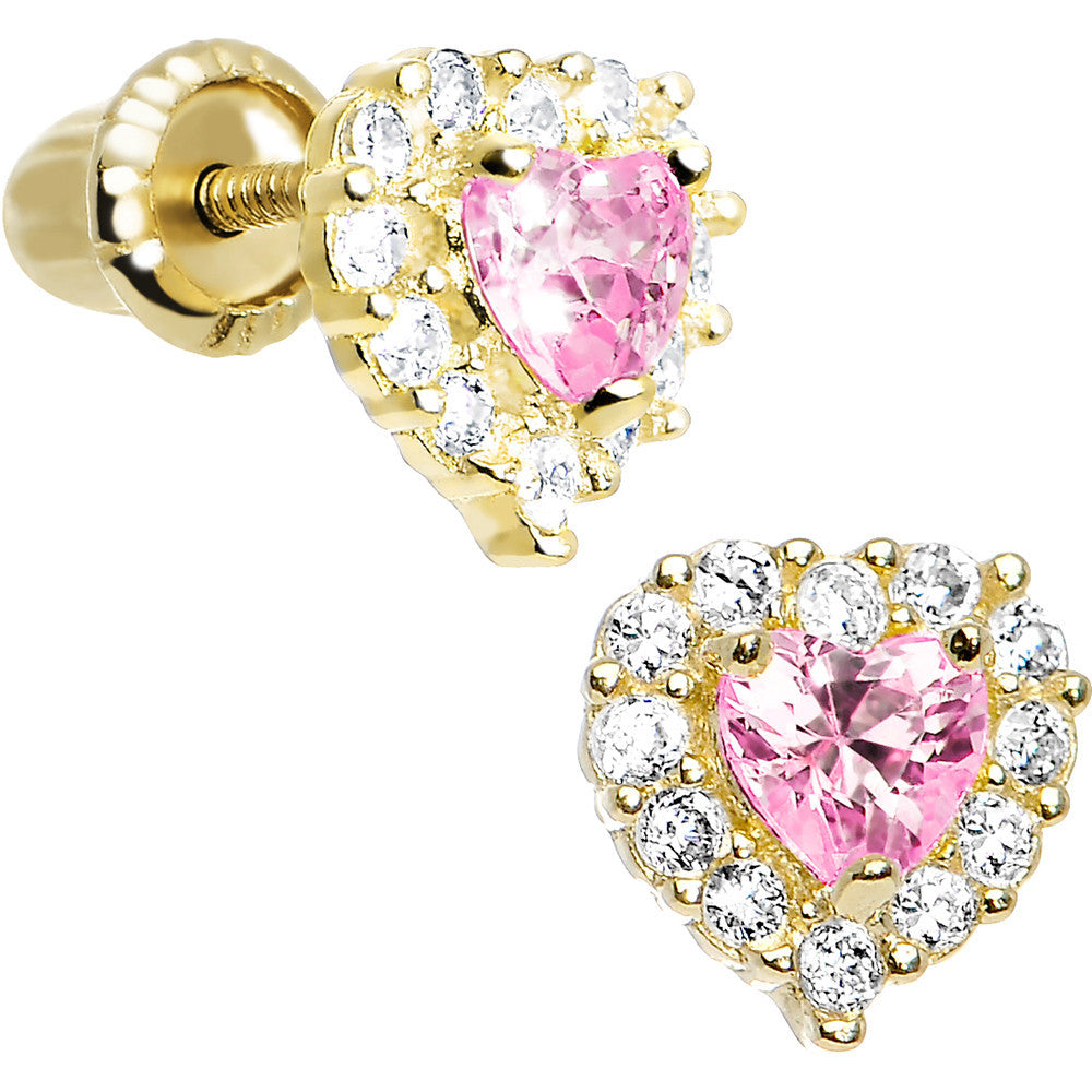14k Yellow Gold Heart CZ October Birthstone Youth Screwback Earrings