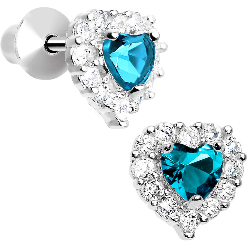 Sterling Silver Heart CZ December Birthstone Youth Screwback Earrings