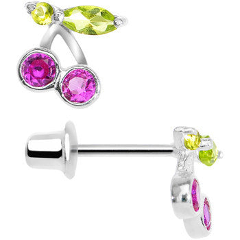 925 Sterling Silver Pink CZ Cherry Stud Youth Earrings