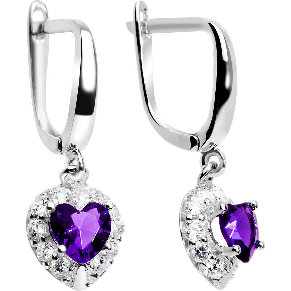 925 Silver CZ Heart February Birthstone Leverback Youth Earrings
