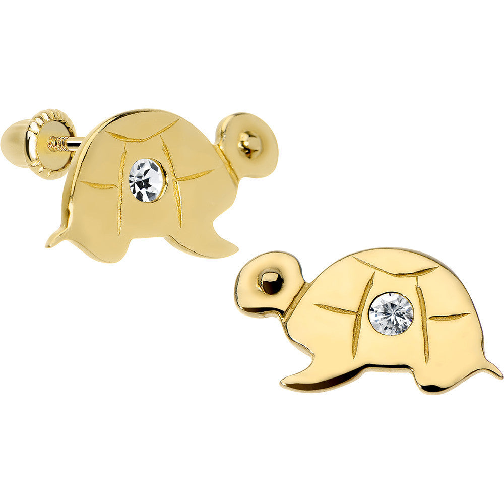 14K Yellow Gold Baby Turtle CZ Youth Screwback Earrings