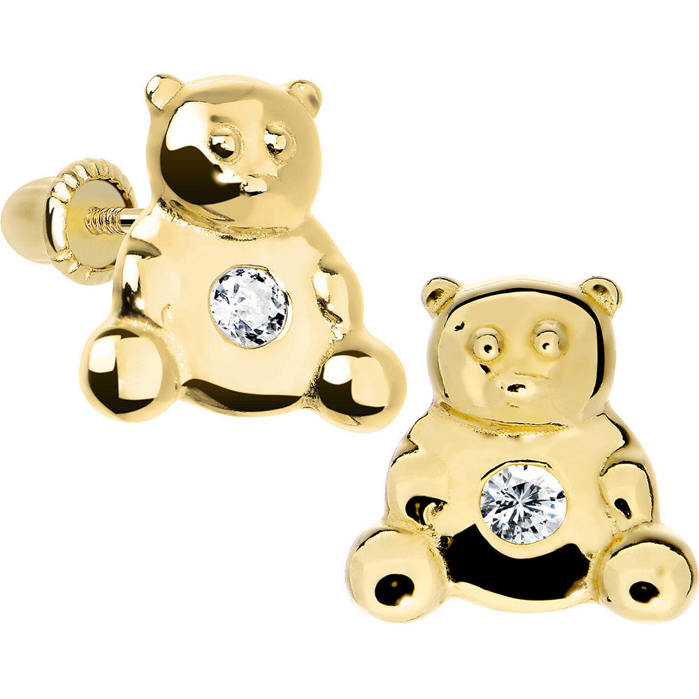 14K Yellow Gold Baby Bear CZ Youth Screwback Earrings
