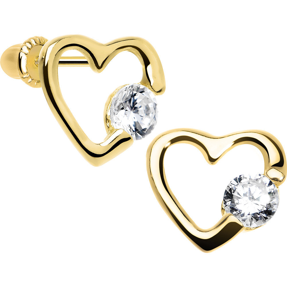 14K Yellow Gold Hollow Heart CZ Youth Screwback Earrings