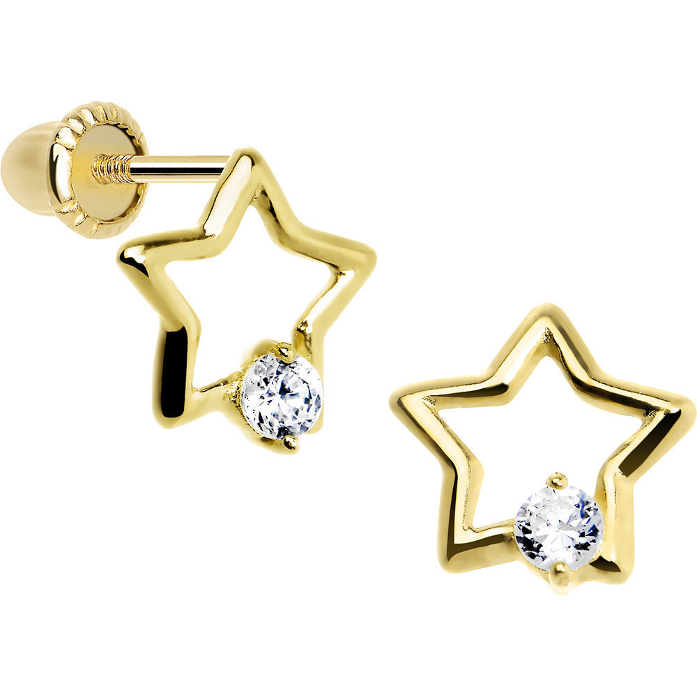 14K Yellow Gold Hollow Star CZ Youth Screwback Earrings