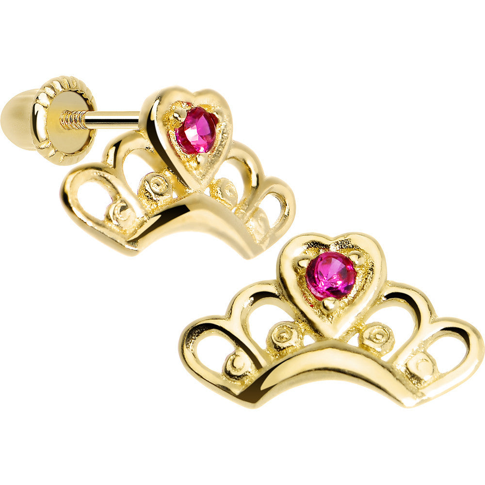 14K Yellow Gold Princess Tiara Clear CZ Youth Screwback Earrings