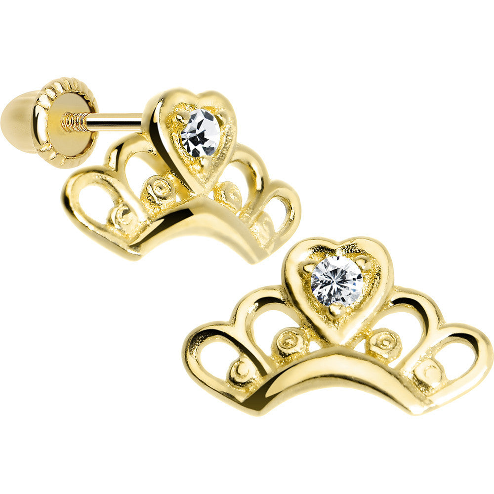 14K Yellow Gold Princess Tiara Pink CZ Youth Screwback Earrings