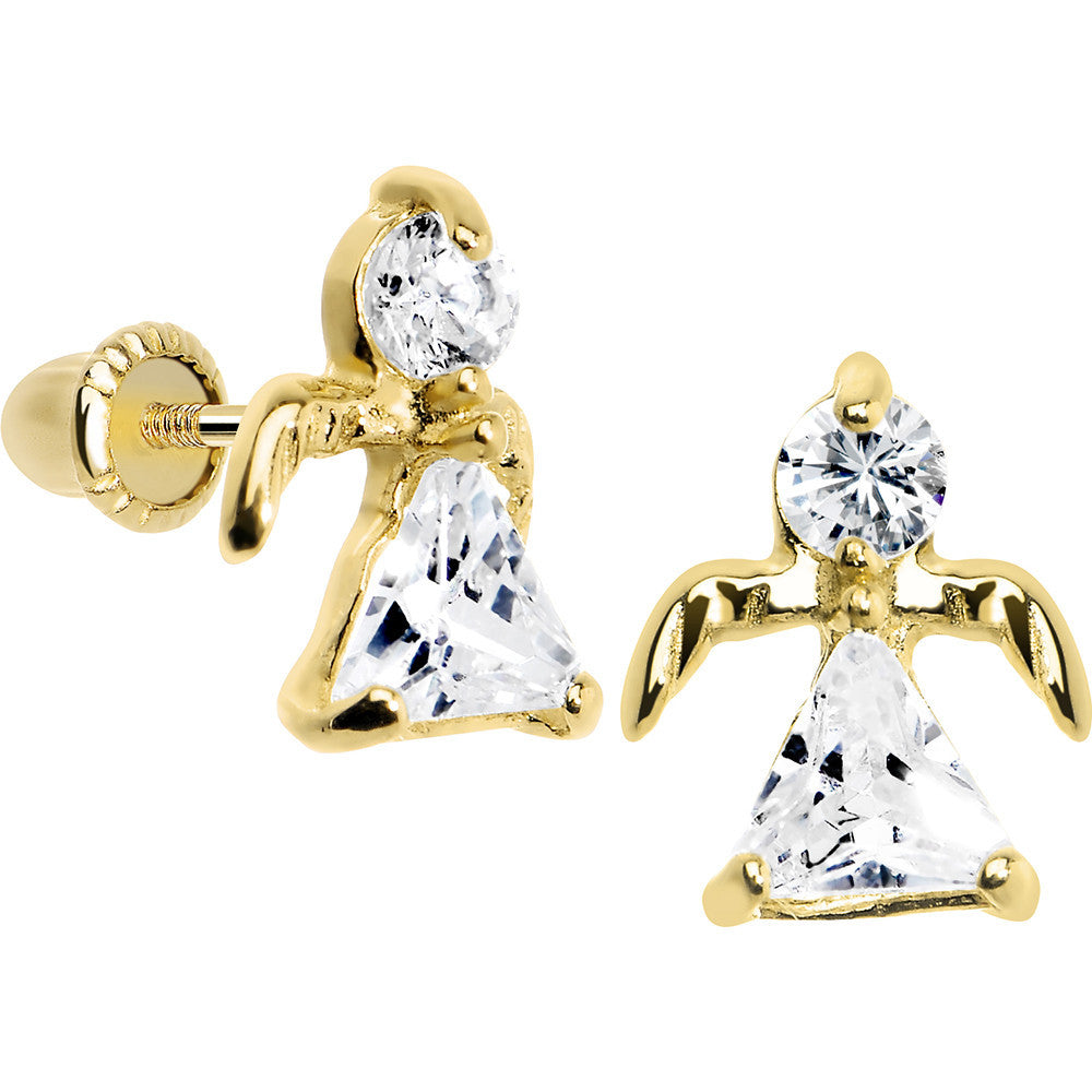 14K Yellow Gold CZ Baby Angel Youth Screwback Earrings