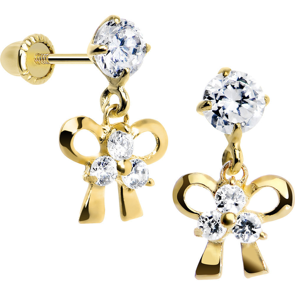 14K Yellow Gold CZ Bow Dangle Youth Screwback Earrings