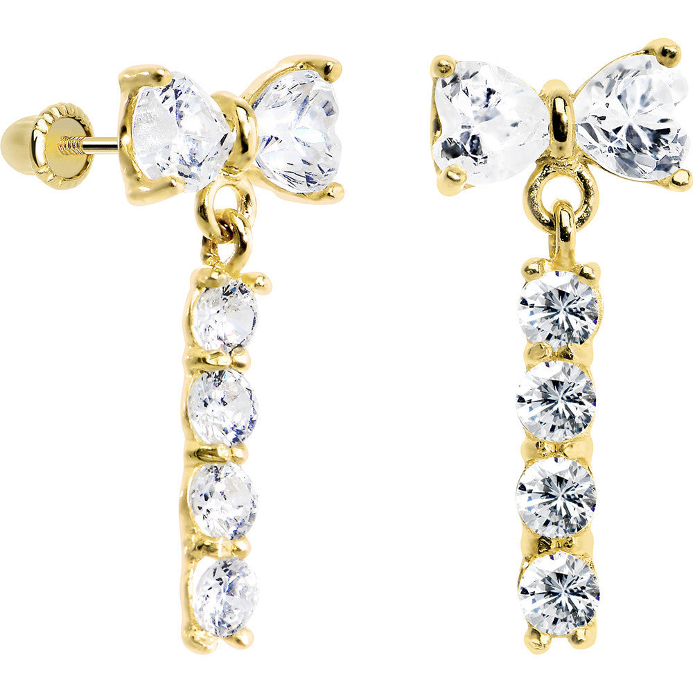 14K Yellow Gold Clear CZ Bow Drop Dangle Youth Screwback Earrings