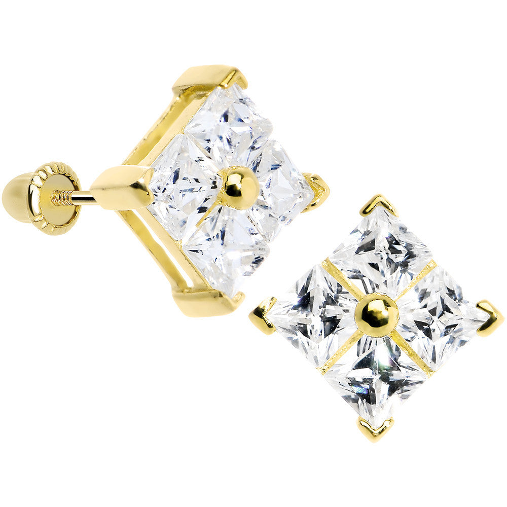 14K Yellow Gold Clear CZ Square Youth Screwback Earrings