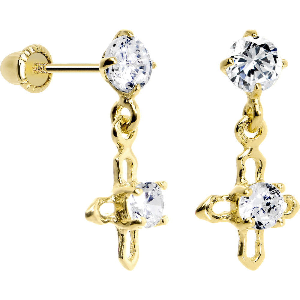 14K Yellow Gold Round CZ Hollow Cross Dangle Youth Earrings