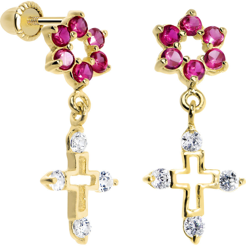 14K Yellow Gold Pink CZ Flower Cross Dangle Youth Earrings