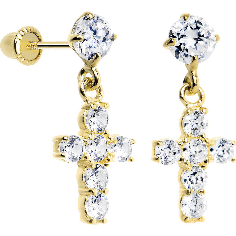 14K Yellow Gold Clear CZ 8mm Cross Dangle Youth Earrings