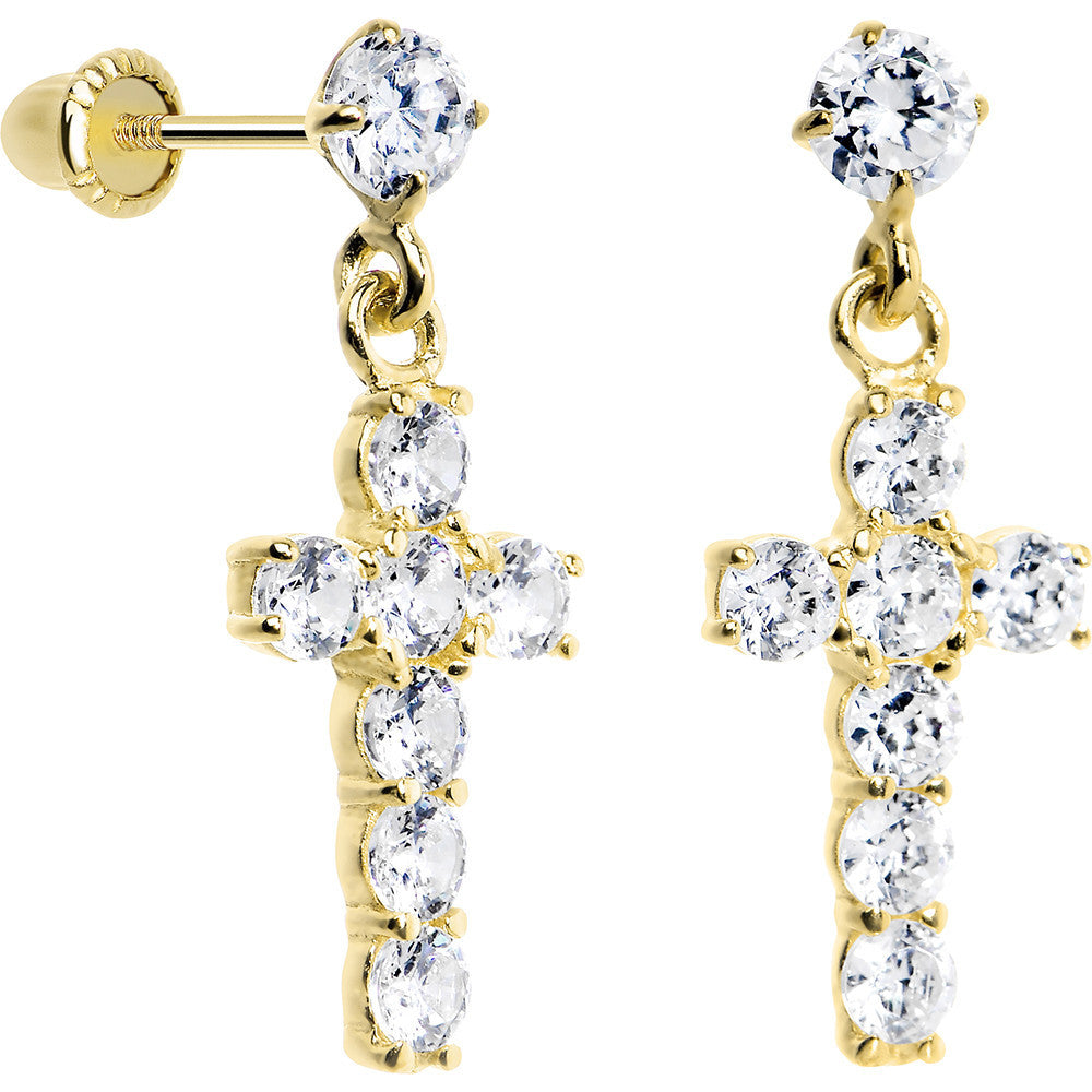 14K Yellow Gold Clear CZ 11mm Cross Dangle Youth Earrings