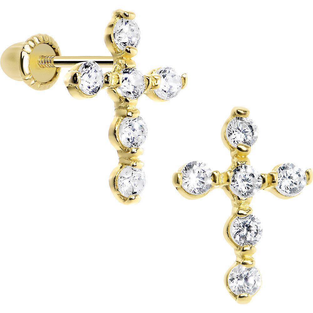 14K Yellow Gold Clear CZ 10mm Cross Youth Screwback Earrings