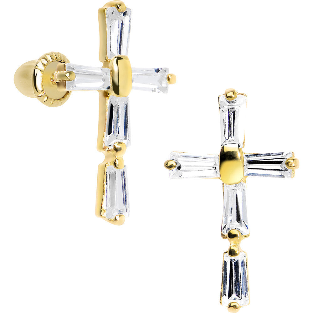 14K Yellow Gold Clear CZ Bar Set Cross Youth Screwback Earrings