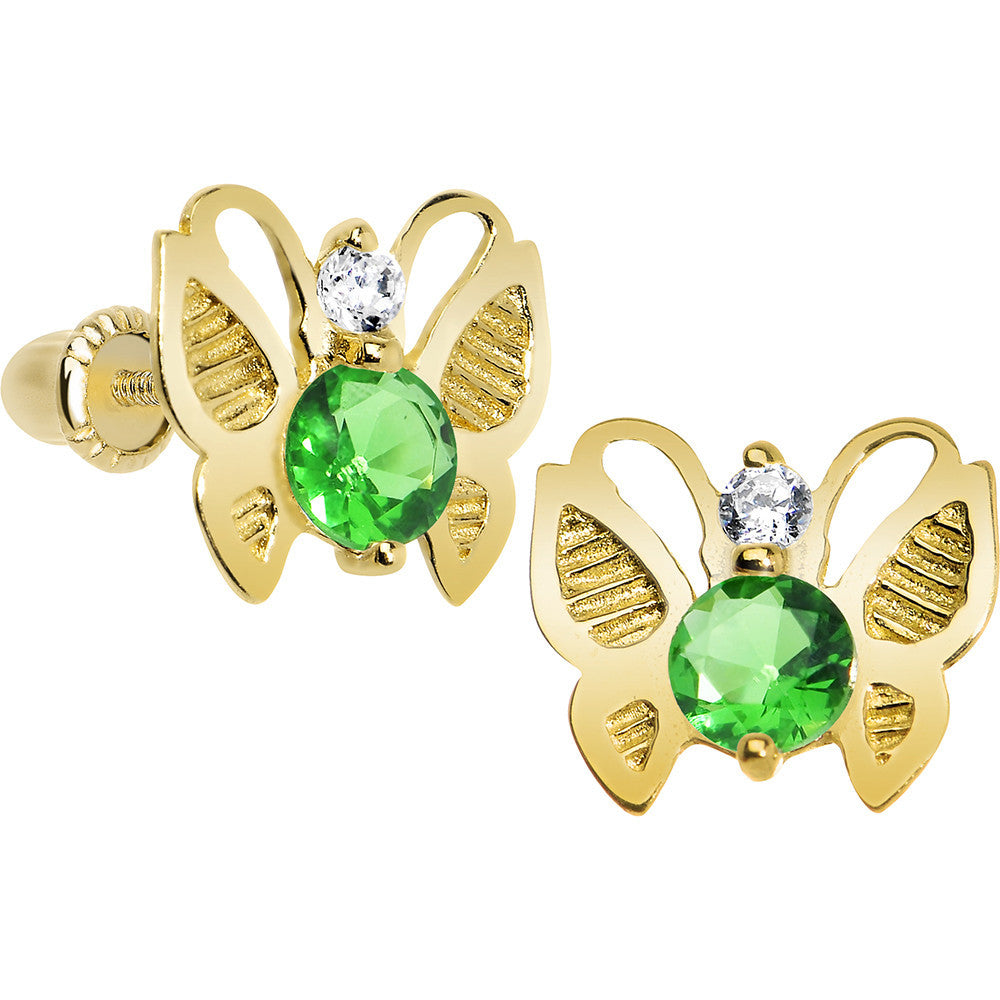 14K Yellow Gold Butterfly Green CZ Youth Screwback Earrings