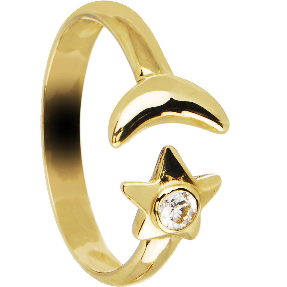 Solid 14k Yellow Gold Star and Moon Cubic Zirconia Toe Ring