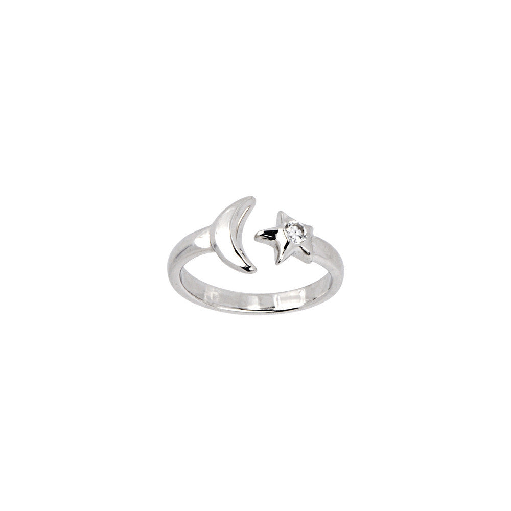 Solid 14k White Gold Star and Moon Cubic Zirconia Toe Ring