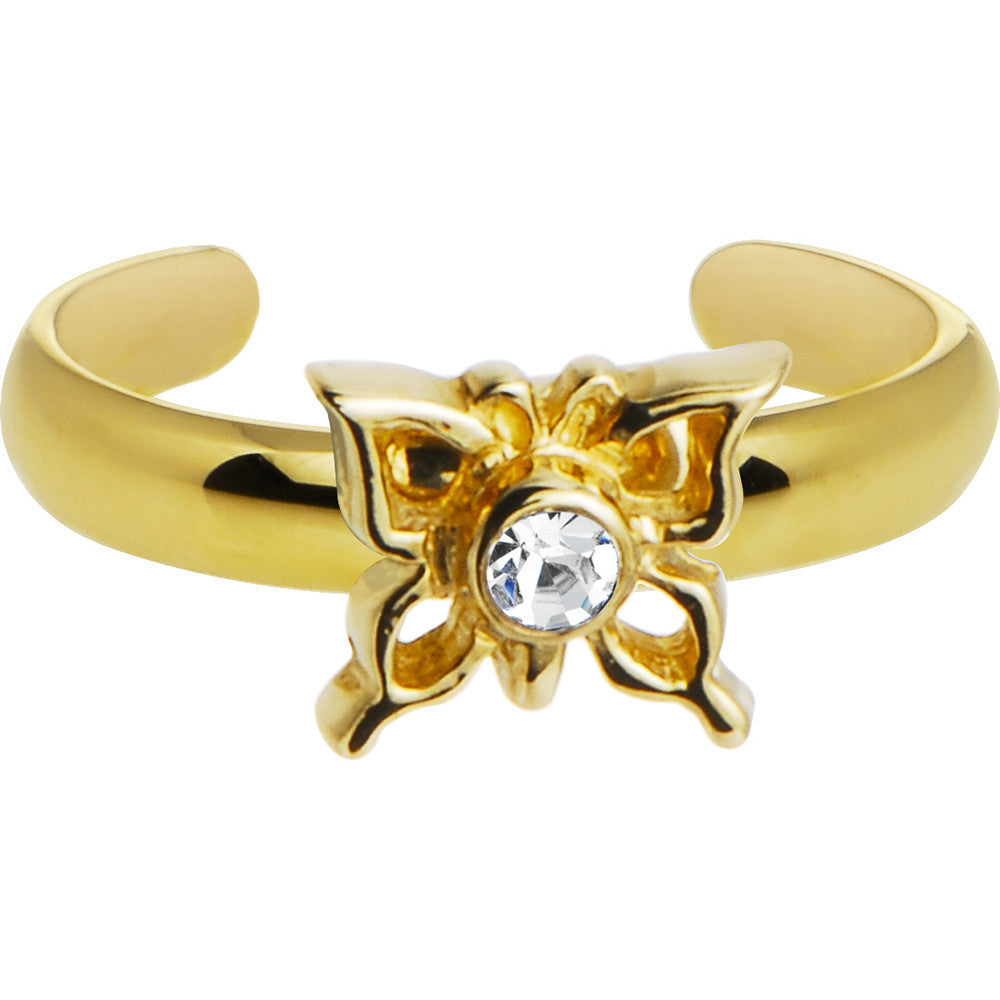 Solid 14k Yellow Gold Butterfly Cubic Zirconia Toe Ring