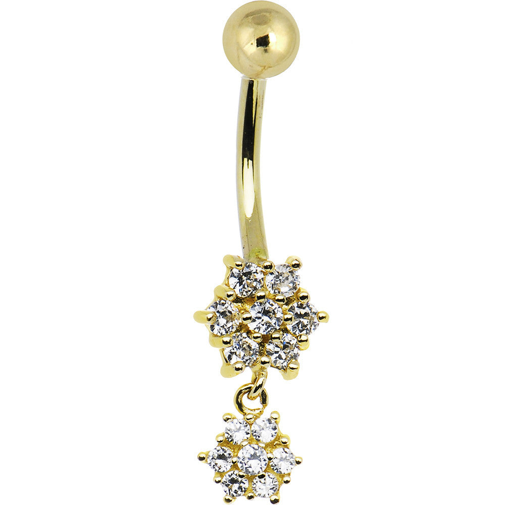 16G Solid 14k Yellow Gold Cubic Zirconia Dangle Flower Belly Ring