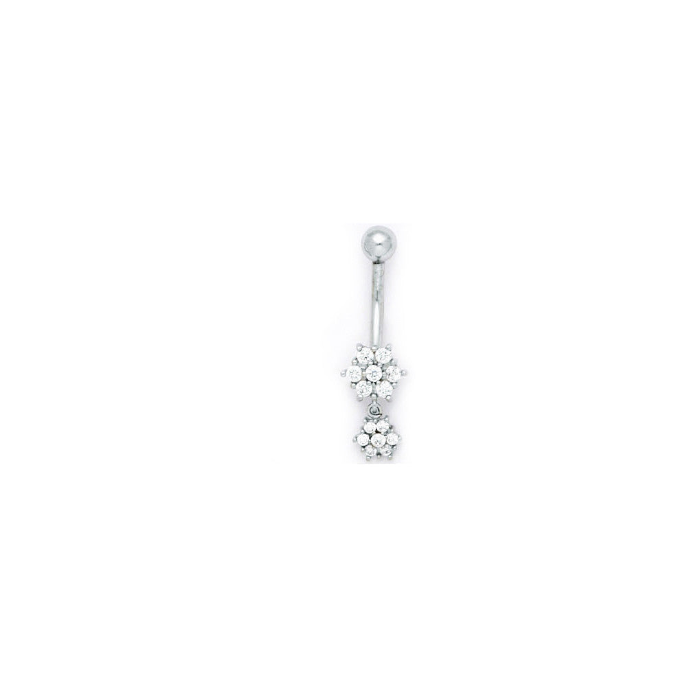 16G Solid 14k White Gold Cubic Zirconia Dangle Flower Belly Ring