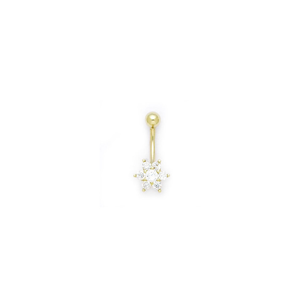 16G Solid 14k Yellow Gold Cubic Zirconia Flower Belly Ring