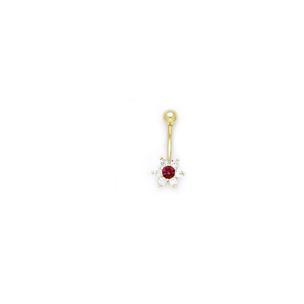 16G Solid 14k Yellow Gold Clear Red Cubic Zirconia Flower Belly Ring