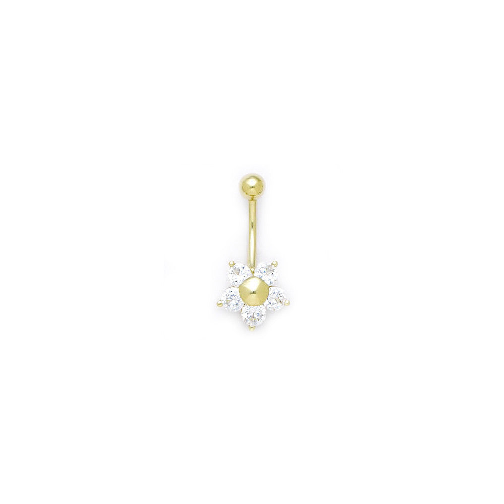 16G Solid 14k Yellow Gold Cubic Zirconia Five Petal Flower Belly Ring