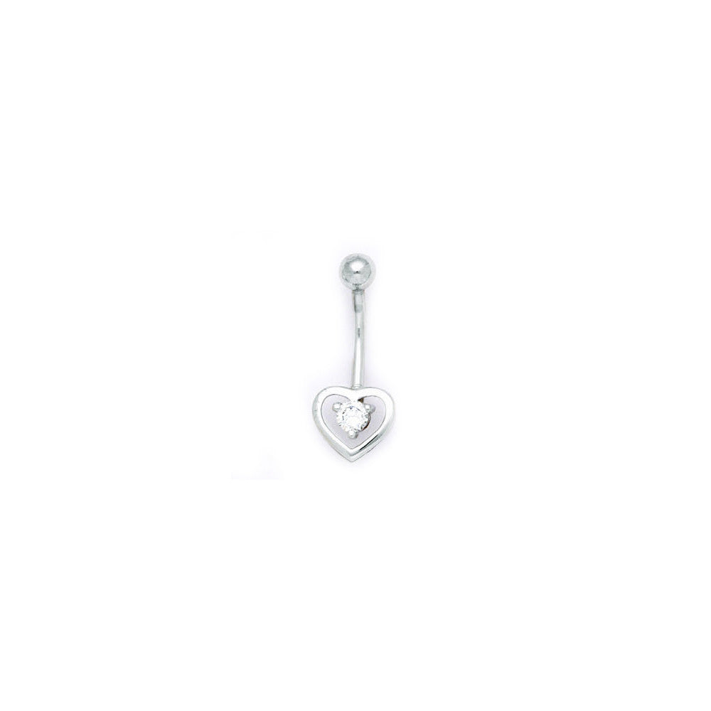 16G Solid 14k White Gold Zirconia Hollow Heart Belly Ring