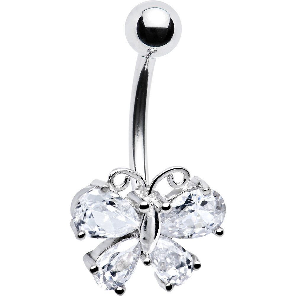 Solid 14kt White Gold Cubic Zirconia Butterfly Belly Ring