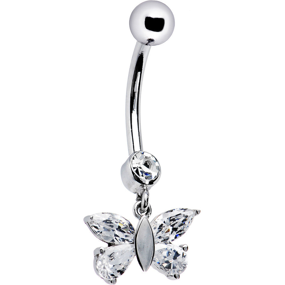 16G Solid 14k White Gold Dangle CZ Butterfly Belly Ring