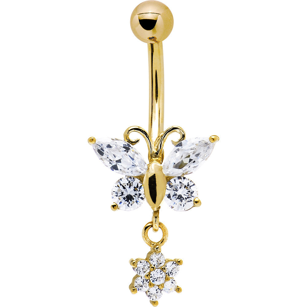 16G Solid 14k Yellow Gold CZ Flower Butterfly Belly Ring