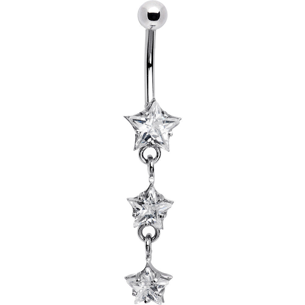 16G Solid 14k White Gold Zirconia Trio Star Belly Ring
