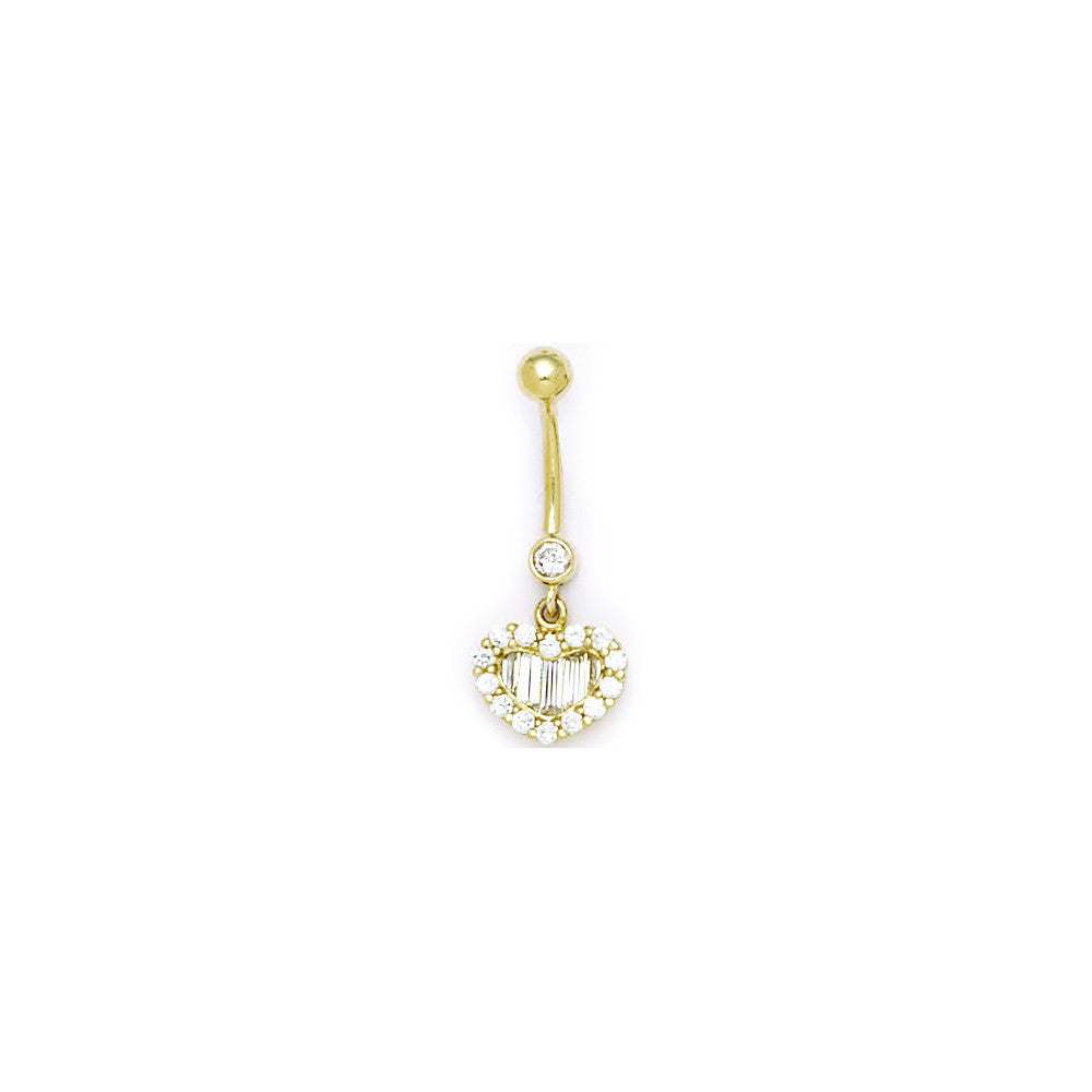 16G Solid 14k Yellow Gold Zirconia Noble Heart Belly Ring