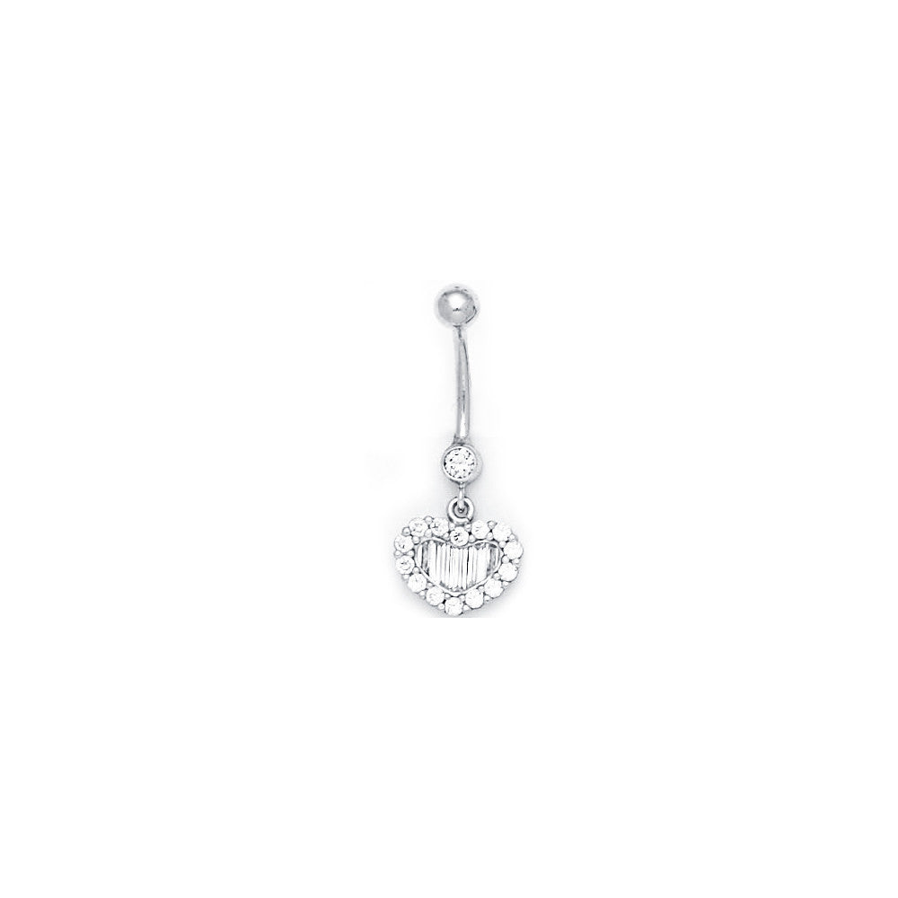 16G Solid 14k White Gold Zirconia Noble Heart Belly Ring