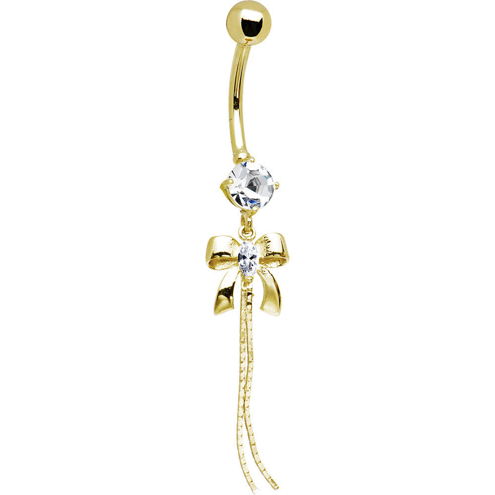 16G Solid 14k Yellow Gold Cubic Zirconia Bow Belly Ring