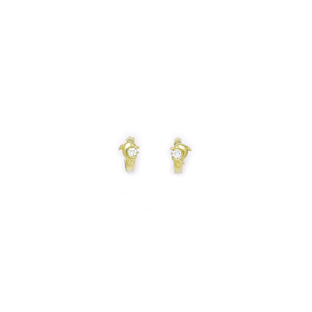14k Yellow Gold CZ Dolphin Huggy Earrings