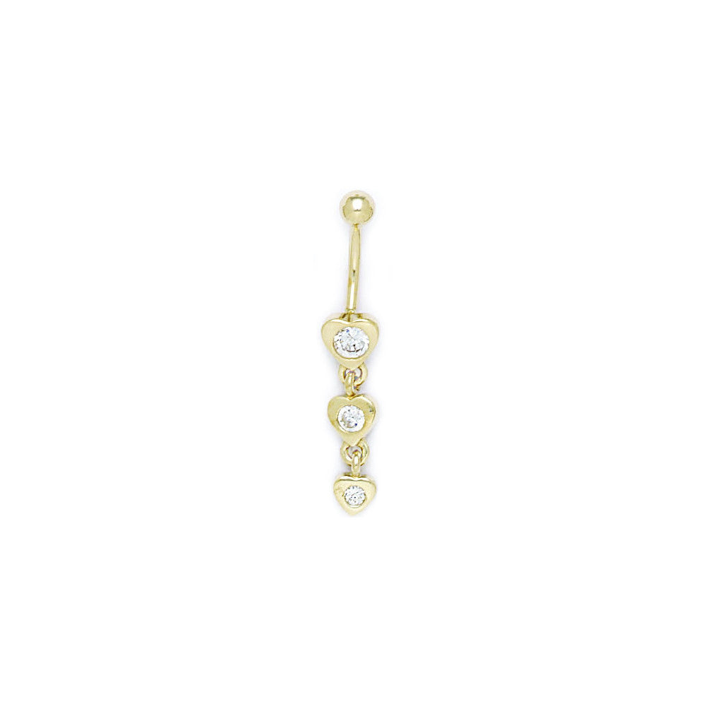 16G Solid 14k Yellow Gold Zirconia Heart Drop Belly Ring
