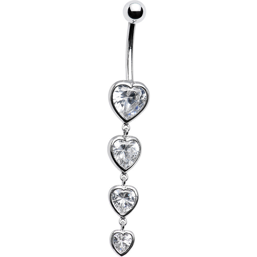 16G Solid 14k White Gold Zirconia Quadruplet Heart Belly Ring
