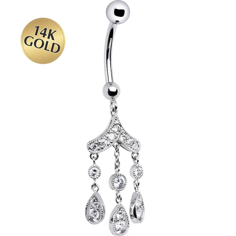 16G Solid 14K White Gold CZ Gem Chandelier Dangle Belly Ring