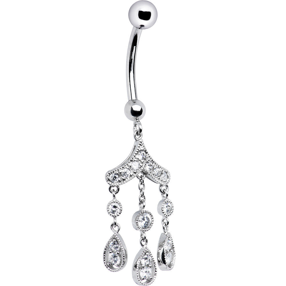 16G Solid 14K White Gold CZ Gem Chandelier Dangle Belly Ring