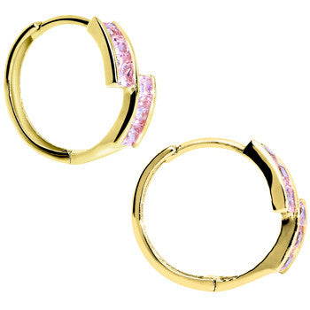 14k Yellow Gold Pink CZ Square Huggy Earrings