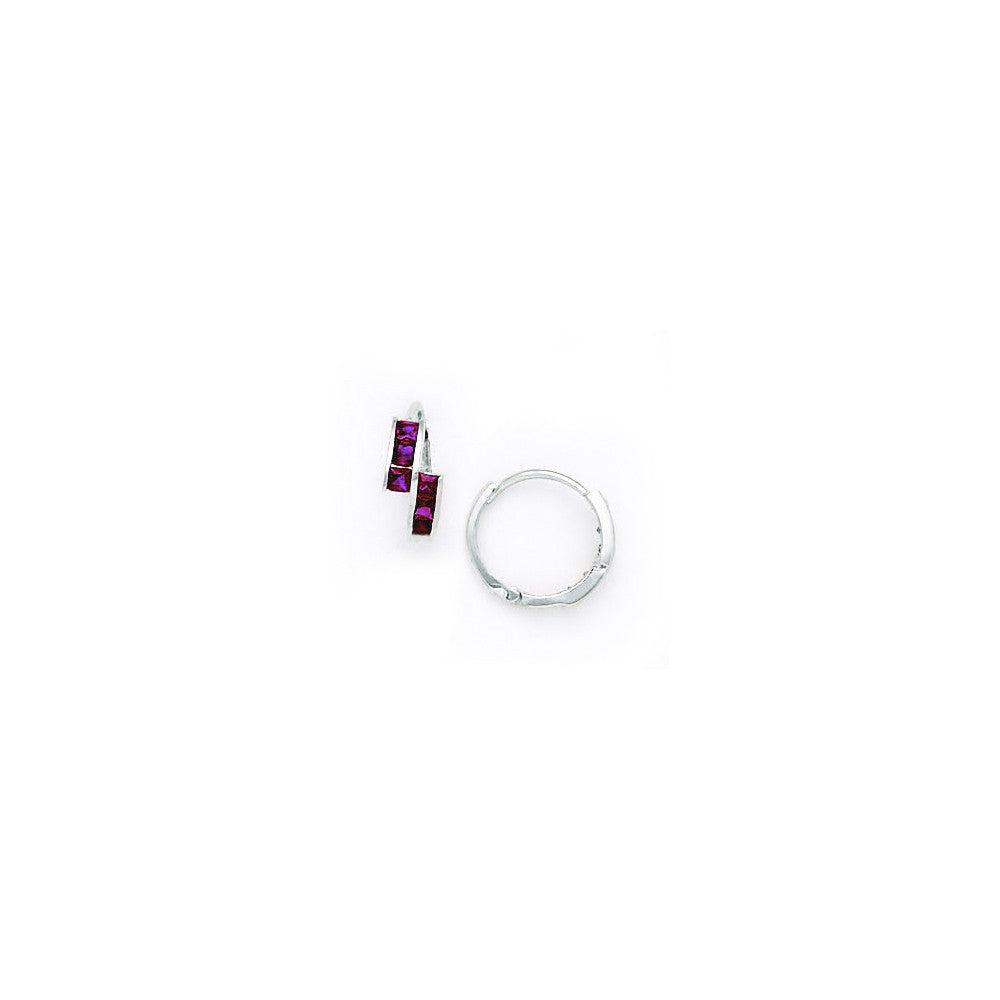 14k White Gold Ruby Red CZ Square Huggy Earrings