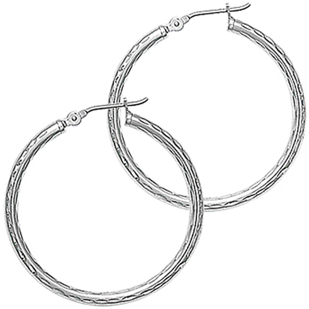 Solid 14K White Gold 1 1/8 Inch Twist Pattern Hoop Earrings