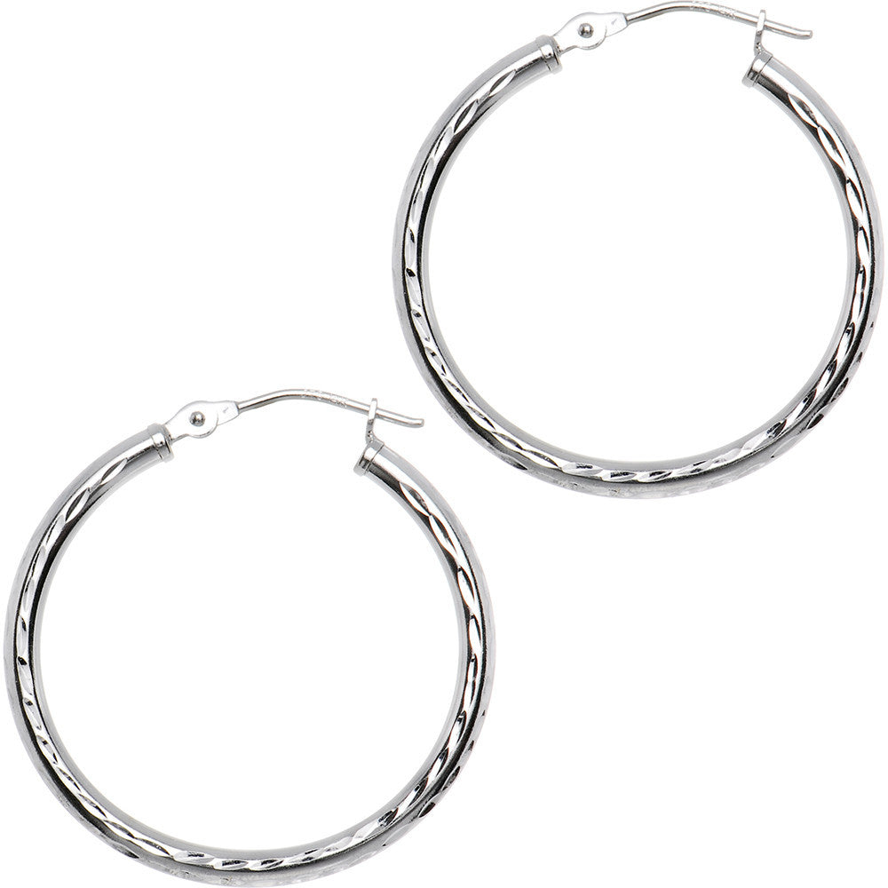 Solid 14K White Gold 1 Inch Twist Pattern Hoop Earrings